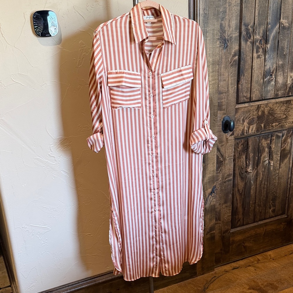 Umgee Striped Button-Front Midi Dress - Blush Pink & White